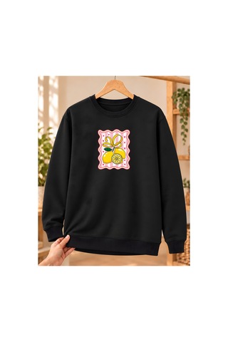 Mor Mürekkep Fiyonklu Limon Baskılı Kadın Bisiklet Yaka Sweatshirt - Siyah