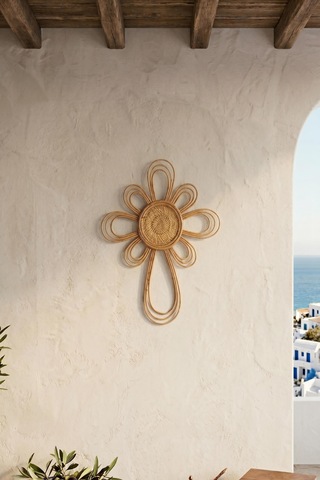 Doğal Rattan Güneş Duvar Dekoru - Bohem Çiçek Model Hasır Duvar Aksesuarı 55x77 Cm Krem