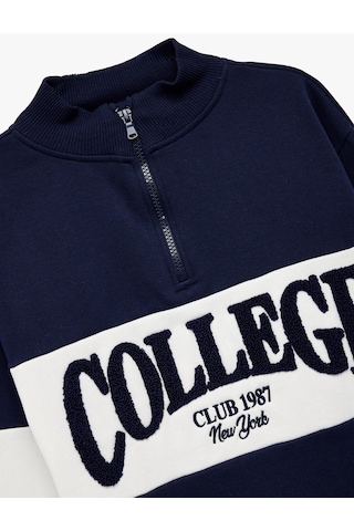 Koton Uzun Kollu Yarım Fermuarlı Dik Yaka Nakışlı Oversize Sweatshirt Lacivert 6wkg10440ak Lacivert
