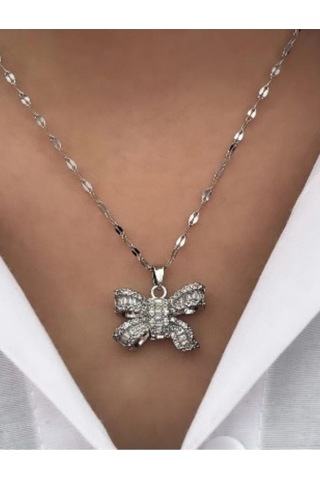 Zirkon Taşlarla Süslü Çelik Kolye Gümüş