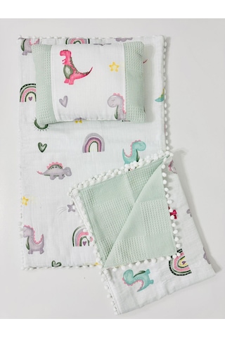 Dino 90 100 Çift Katlı Pikeli Müslin Battaniye Yastık Ve Alt Açma 3 Lü Set - Yeşil Yeşil
