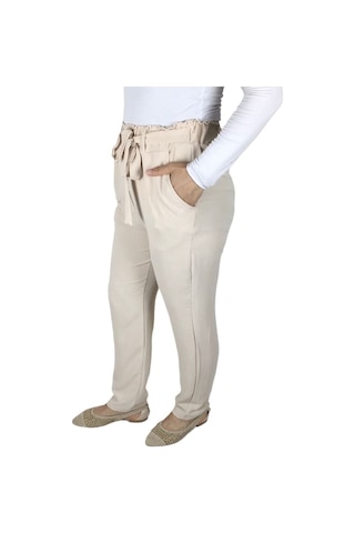 Kadın Beli Lastikli Kuşaklı Cepli Dar Paça Ayrobin Pantolon Krem