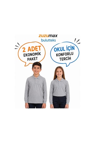 Bulutteks Okullu 2adet Polo Yaka Gri Uzunkol Okul Tişört Kıyafetleri Üniforması Çocuk Genç