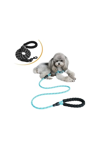 Buffer Reflektörlü Fosforlu Köpek Gezdirme Halatı Tasma Kayışı Metal Kancalı 130 CM Mavi
