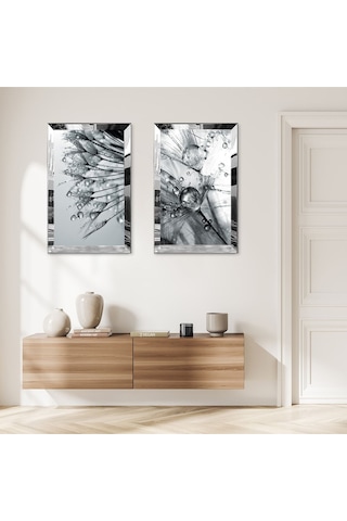 Gümüş Aynalı Pleksi Çerçeveli Gri Su Damlaları Ve Çiçekler Modern İkili Mdf Tablo Seti