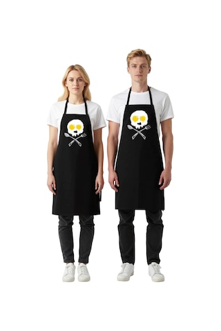 Erkek Unisex Aşçı Önlüğü Kuru Kafa Baskılı Mutfak Sanatçısı Motif Siyah