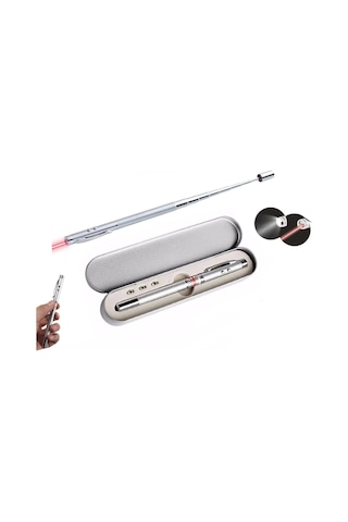 Ayrex Metal Kutulu Kırmızı Lazerli, Led Işıklı Mıknatıslı Pointer Kalemi İşaretçi Uzayabilen Sunum Çubuğu