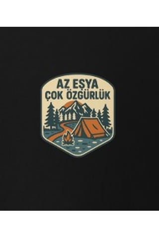 Wildstyle Az Eşya Çok Özgürlük Renkli Kamp Doğa Minimalist Baskılı Unisex Bisiklet Yaka Pamuklu Tişört Siyah
