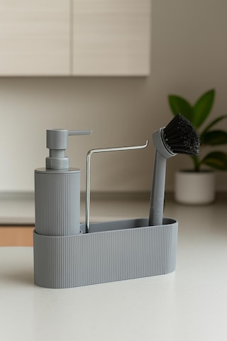 Gri Sabunluk Fırçalı Mutfak Lavabo Düzenleyici Seti- Sabunluk,fırça Ve Organizer gri