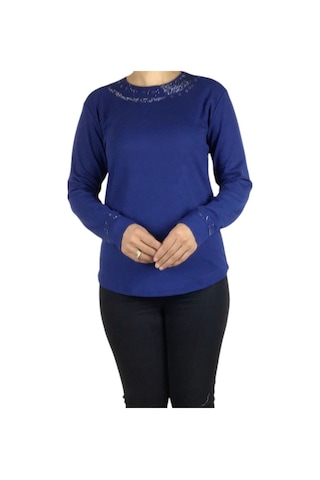 Ece giyim Kadın Yakası Ve Kolları Taşlı Spor Bluz Mavi