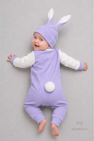 Babyden's Tavşan Kulaklı Yenidoğan Tulum Seti %100 Pamuklu Ayarlanır Ponponlu Kız Bebek Tulum Şapka Set Lila