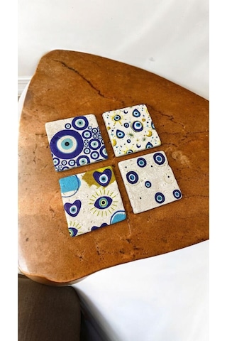 Doğal Taş Bardak Altlığı Nazar Boncuğu Baskılı 4'lü Set - Evil Eye Stone Coasters Çok Renkli