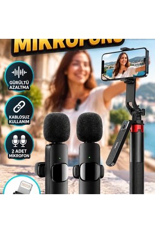 Çift Kablosuz Yaka Mikrofonu Ve Tripodlu Selfie Çubuğu Seti Lightning Uyumlu, Gürültü Azaltma