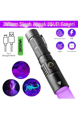 30w Uv Işık Feneri, 365nm Profesyonel Güçlü, Usb-c Şarjlı, Aluminyum Gövde, Su Dayanıklı, Para Kontrol Mat Siyah