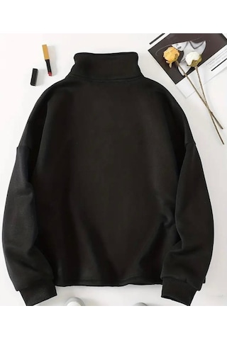 Hırsch Unisex Siyah Yarım Fermuarlı Oversize Sweatshirt SIYAH