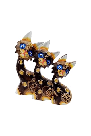 Ahşap Aborjin Üçlü Kedi Dekoratif Biblo No.1 16 Cm