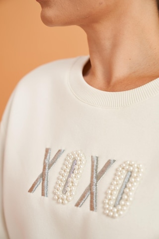 Pjs Xoxo Kadın Baskılı Uzun Kollu Sweatshirt Çizgili Eşofman Takım Ekru