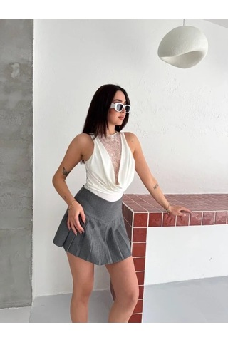 Meleners Dantel Detaylı Derin Dekolte Body Şık Kolsuz Yazlık Bodysuit - Beyaz