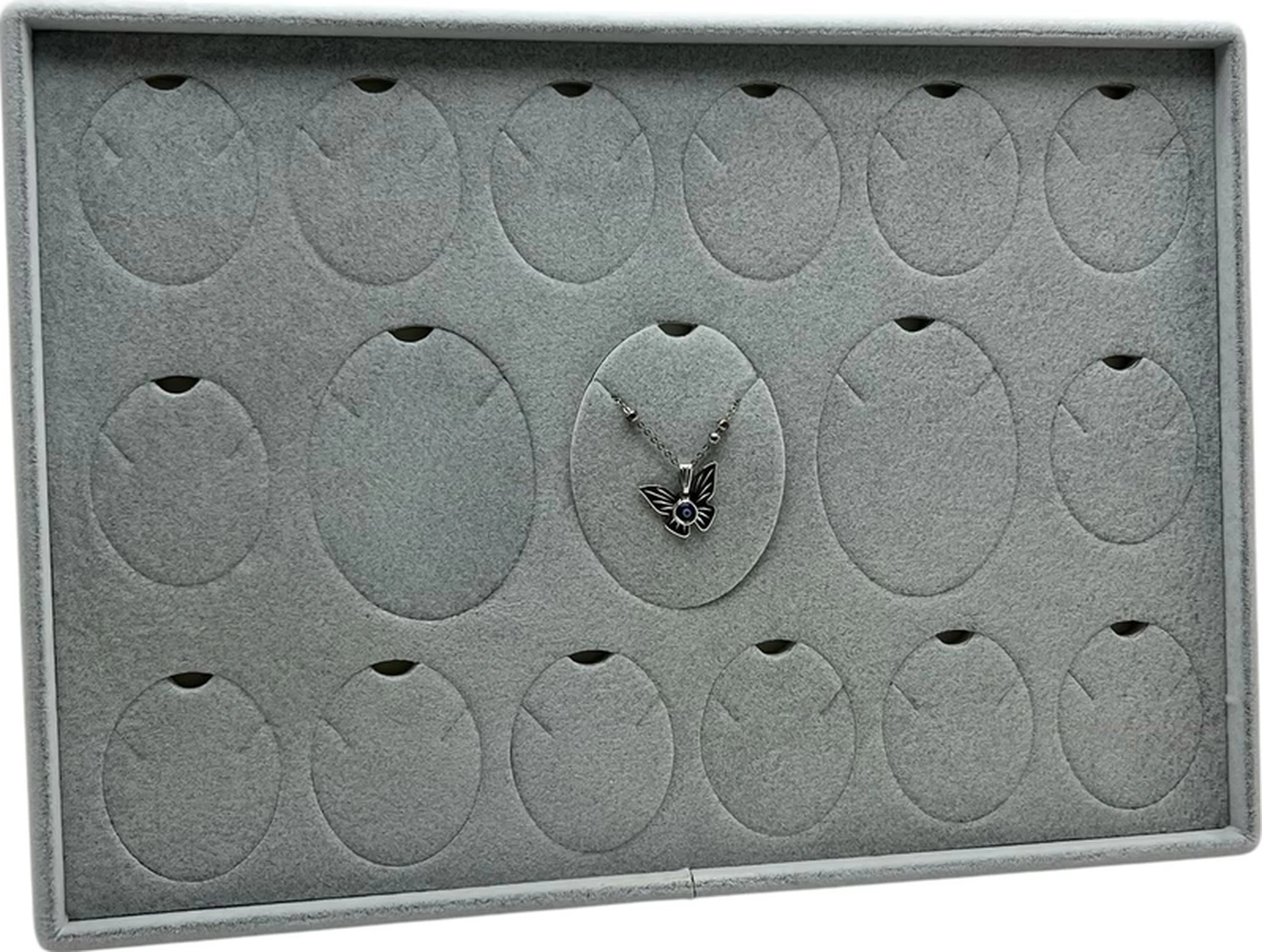 Süet Kumaş Gri 34-24 Cm Ayaklı 17 Pedli Kolye Tabla Stand