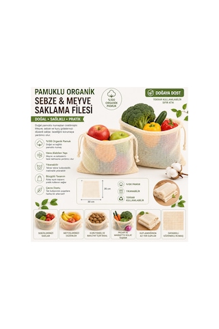 1 Adet Meyve Ve Sebze Filesi 30 X 35 Cm Büzgülü Yıkanabilir Saklama Kesesi Organik Pamuk Ekru