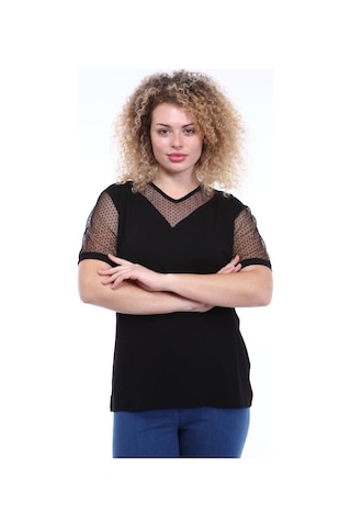 Kısa Kol Kadın Büyük Beden Siyah Bluz 1D-1786 Siyah