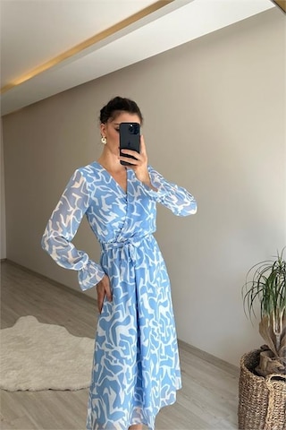 Neşeli Butik Kadın Kruvaze Yaka Desenli Midi Boy Şifon Elbise Nm016 Mavi
