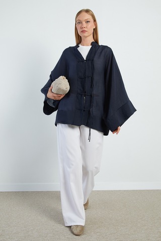 Fullamoda Geniş Kol Oversize Transparan Kimono Lacivert