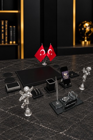 14 Parça Kristal Masa İsimlik Seti Kişiye Özel Melek Figürlü Lüks Ofis Sümen Takımı