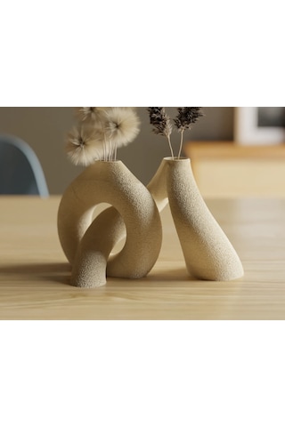 3d Baskı 2li Organik Formlu Vazo Seti Kum Dokulu Modern Kuru Çiçeklik Bej Dekoratif İkili Set Sarı