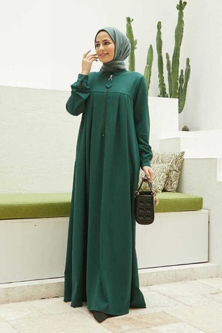 6612-fermuarlı Pileli Elbise Zümrüt Yeşili