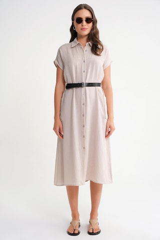 4453 Kadın Keten Cepli Midi Kemerli Elbise Taş Taş