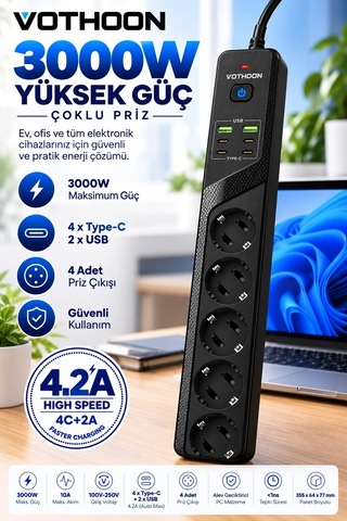 4 Lü Akım Korumalı Çoklu Priz 4 Type-c 2 Usb Girişli 4.2a Hızlı Şarj Destekli Priz 3000w 1