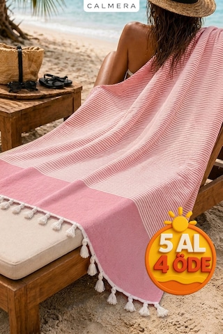 Calmera Çizgili Peştemal Pamuk - Doğal Saçaklı Plaj, Deniz, Havuz, Spa, Sauna, Spor, Seyahat Havlu Pembe