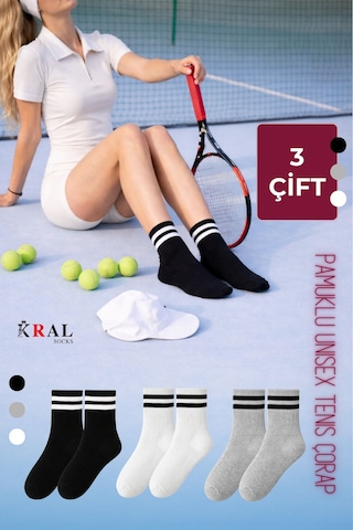 Kral Socks Erkek Kadın 3 Çift Çizgili Kolej Tenis Çorabı Pamuklu Terletmez Çorap Asorti