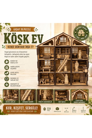 Köşk Ev Ahşap Maket Seti Dıy 3d Puzzle Çok Odalı Bebek Evi Koleksiyoner Modeli 220 Parça