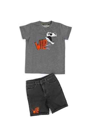 Casabony Wild Dino Gri Denim Şort - T-shirt Takım - Antrasit