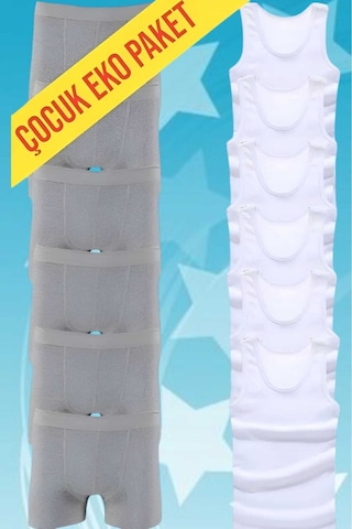 Uniquetrenders Erkek Çocuk İkili Set Pamuklu Penye 6 Atlet 6 Boxer Beyaz - Gri