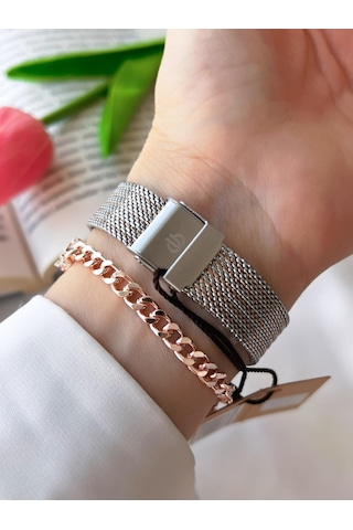 Bigotti Çelik Hasır Kordon Kararma Renk Atmaz 3 Atm Suya Dayanıklı Kadın Kol Saati+bileklik B10342.4 Rose Gold