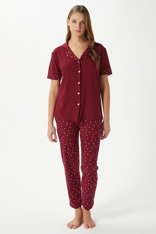 Pijamoni Bayan Milan Kısakollu Boydan Düğmeli Pijama Takım 7515 bordo
