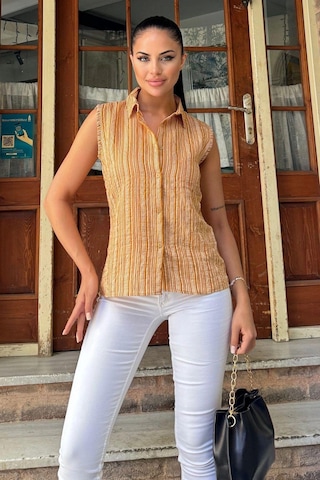 Kadın Hardal Çizgili Desen, Dokulu Bodrum Kumaş, Kolsuz Rahat Gömlek HARDAL