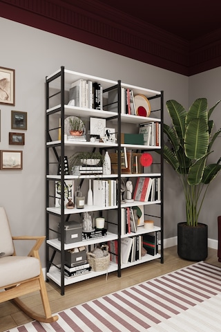 Asra Trend 6 Raflı Metal Kitaplık METALK02 %100 MDF İki Modüllü Geniş Kütüphane Beyaz