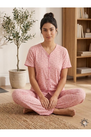 Sleeproom Yazlık Pembe Çiçek Desenli Kısa Kol Penye %100 Pamuk Pijama Takım Pembe Fuşya Çıtır Çiçek