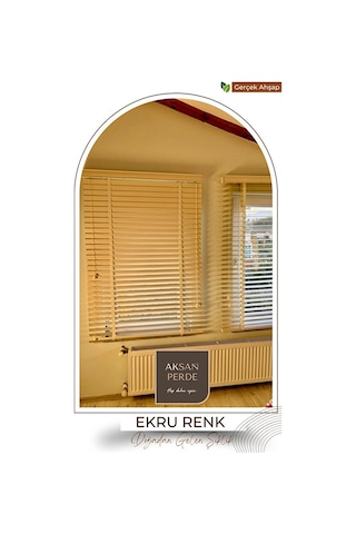 %100 Gerçek Ahşap Jaluzi Perde Kurdeleli Zincirli Redüktörlü Ekru Renk 50 Mm