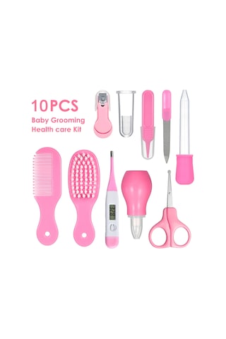 Vkemall Bebek Bakımı 10'lu Set: Burun Emici, Tarak, Makas, Tırnak Kırıcı, Dijital Termometre Ve Bakım Aletleri - Pembe Ye-th2-b