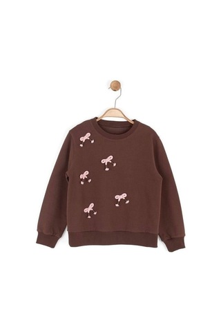 Kız Çocuk Fiyonk İşlemeli Sweatshirt-16134 Kahverengi