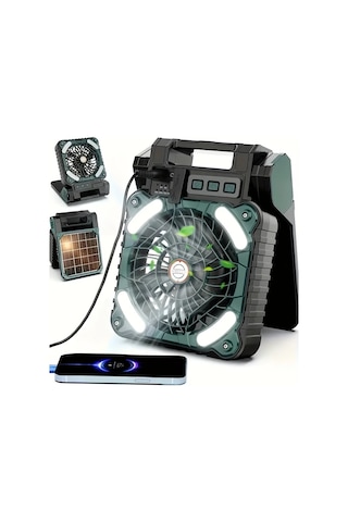 Motion003 Ev Güneş Elektrikli Fan Koyu Yeşil Dijital Ekranlı Kamp Aydınlatma Usb Şarj Büyük Kapasiteli Pil