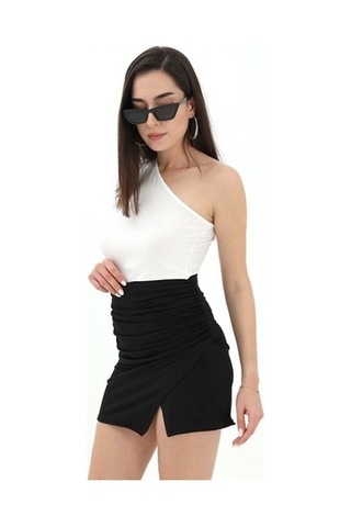 Yanları Büzgülü Beli Lastikli Etek - Siyah
