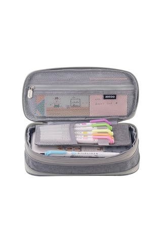 Geniş Kapasiteli Okul Çantası Kalem Kutusu, Çok Bölmeli Kırtasiye Malzemeleri Organizeri, Öğrenciler İçin Pratik Kalemlik Gri