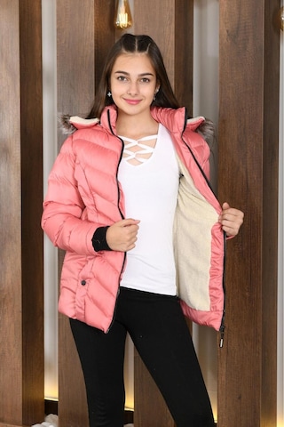 Lasgaris Jeans Kız Çocuk Kapüşonlu Kürk Detaylı Şişme Mont Pembe