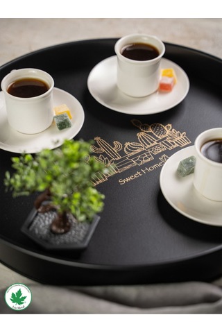 Lin Metal 37cm Yuvarlak Tepsi Ahşap Kulplu Kaktüs Baskılı - Siyah